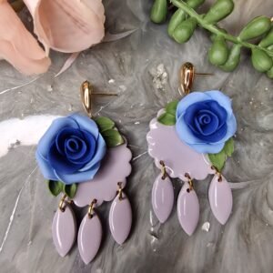 Single blue rose drop earrings
