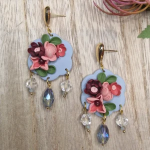 Burgundy & Peach on grey flower with crystals