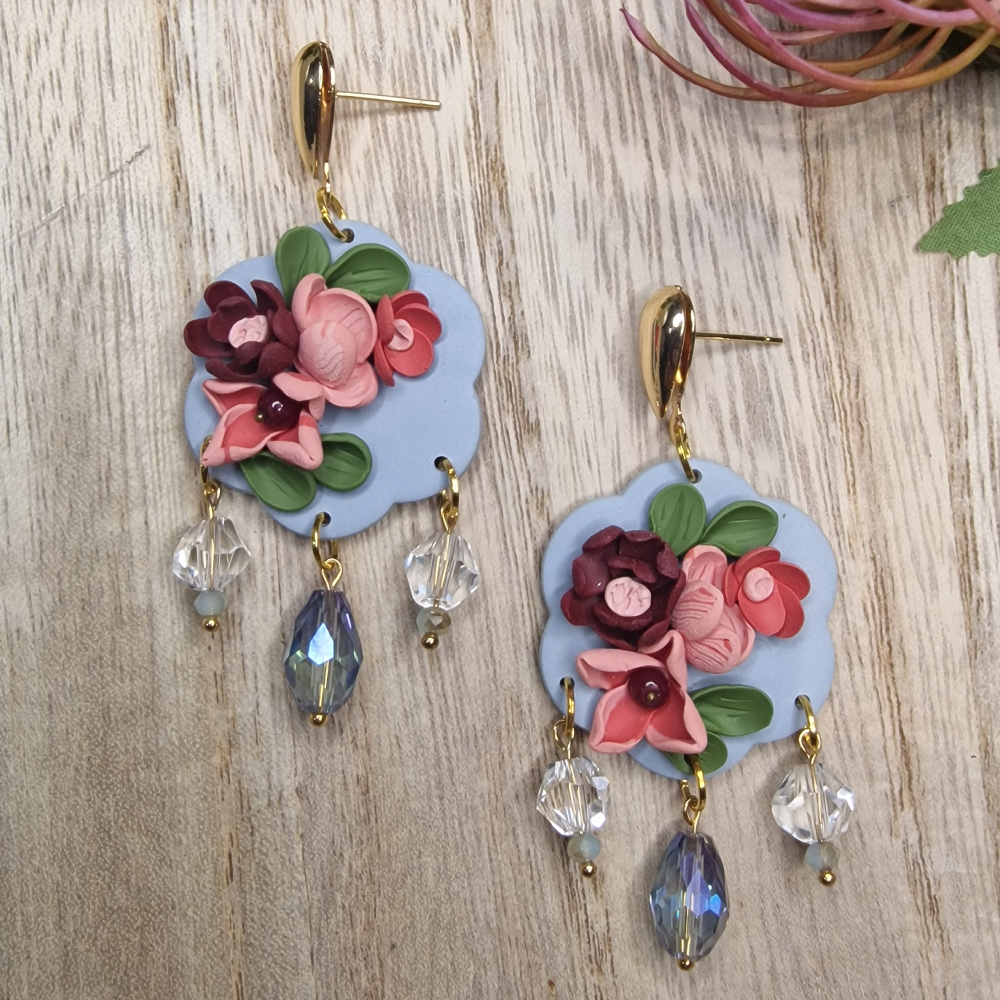 Burgundy & Peach on grey flower with crystals